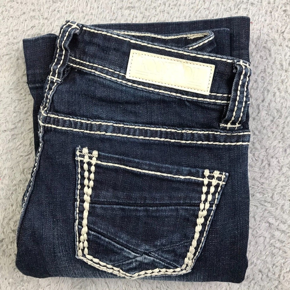 Rock & Roll Cowgirl Trouser Jeans Womens 25 (28x31) Dark Wash Western Flared - Picture 13 of 14
